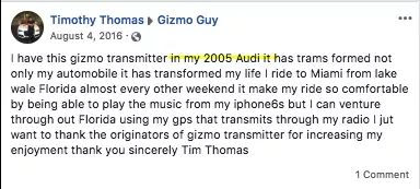 Gizmo Guy Gadget 5-star customer review confirming Bluetooth GPS navigation and music streaming for 2005 Audi factory radio upgrade