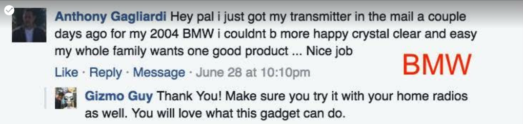 Gizmo Guy Gadget 5-star customer review praising crystal clear sound and ease of use for 2004 BMW factory radio Bluetooth upgrade
