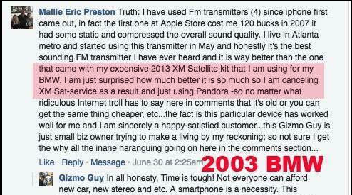 Gizmo Guy Gadget 5-star customer review comparing Bluetooth adapter to expensive XM Satellite radio kit for 2003 BMW M3