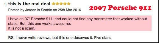 Gizmo Guy Gadget 5-star customer review confirming static-free Bluetooth performance for 2007 Porsche 911 factory radio upgrade