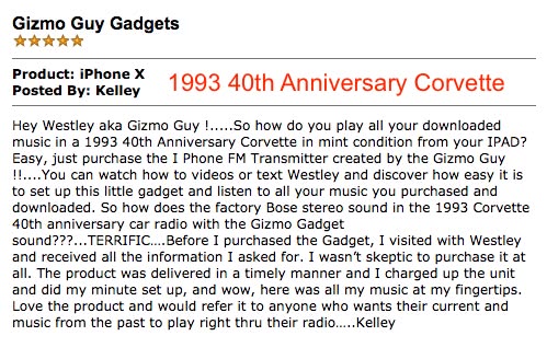 Gizmo Guy Gadget 5-star customer review for 1993 40th Anniversary Corvette Bluetooth upgrade