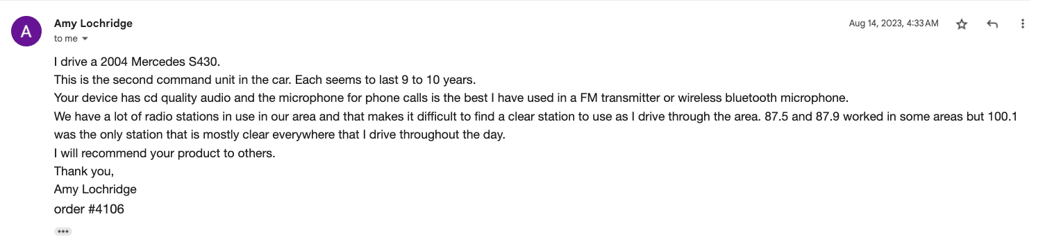 Gizmo Guy Gadget 5-star customer review for 2004 Mercedes S430 W220 factory radio Bluetooth upgrade by Amy